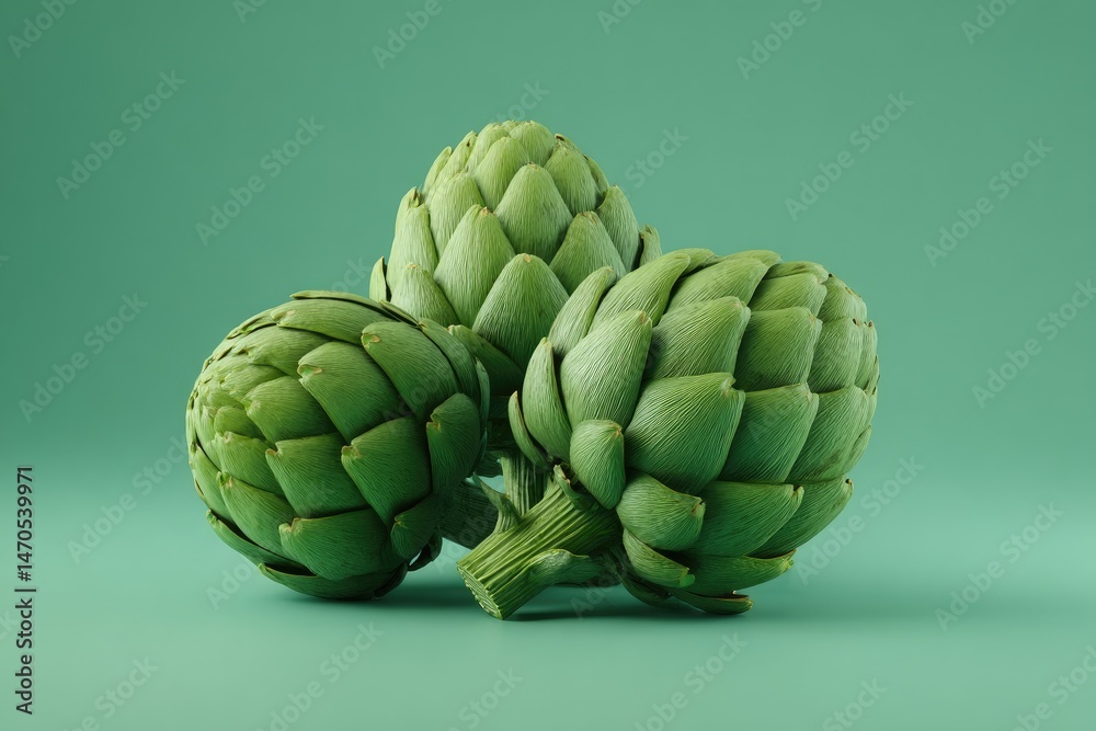 Fototapeta premium Artichokes Green Background with Still Life.