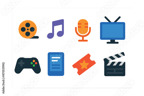 Flat vector icons of entertainment formats: movie reel, music note, podcast mic, TV screen, game controller, e-book reader, concert ticket, film clapperboard.