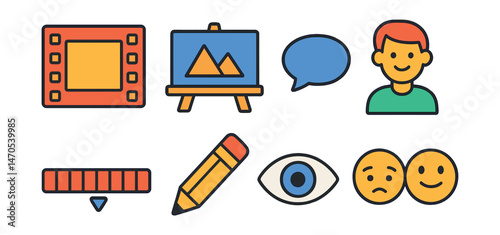 Flat vector icons of animation and cartoons: animation frame, sketchboard, speech bubble, animated character, timeline bar, pencil tool, cartoon eye, expression change.