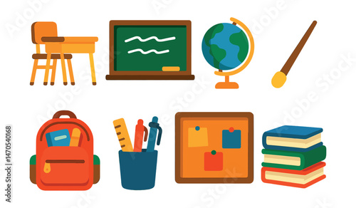 Flat vector icons of classroom essentials: school desk and chair, chalkboard with writing, globe on stand, teacher pointer stick, backpack with supplies, pencil cup, bulletin board, stack of