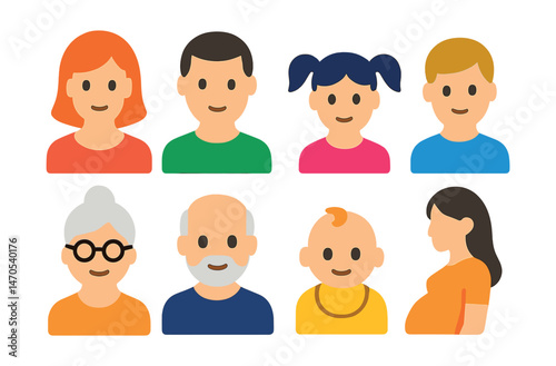 Flat vector icons of family members: mother, father, daughter, son, grandmother, grandfather, baby, pregnant woman.