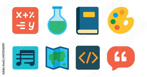 Flat vector icons of subjects and topics: math equations, chemistry beaker, literature book, art palette, music note sheet, geography map, coding brackets, language speech bubble.