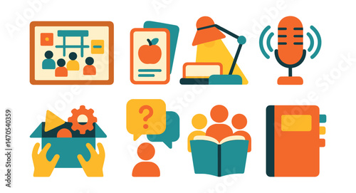 Flat vector icons of learning methods: group project board, flashcards with icons, study lamp and book, educational podcast, hands-on activity kit, Q&A session icon, reading circle, notebook with