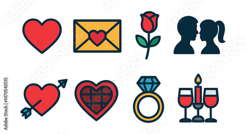 Flat vector icons of Valentine’s Day: heart, love letter, rose, couple silhouette, cupid arrow, chocolate box, engagement ring, romantic dinner.