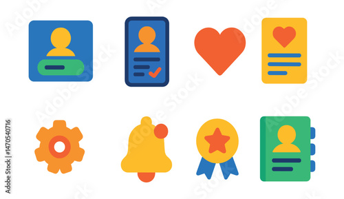 Flat vector icons of user account features: login form, order history screen, saved items heart, wishlist page, account settings gear, notification bell, loyalty program badge, address book list.
