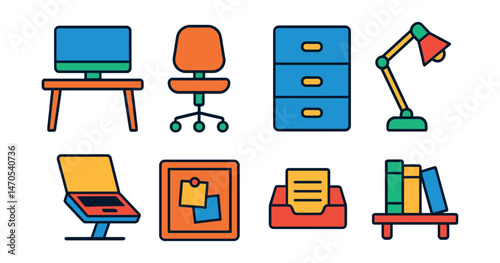Flat vector icons of home office setup: desk with monitor, swivel chair, filing cabinet, task lamp, laptop on stand, cork board, document tray, shelves with books.