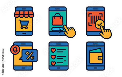 Flat vector icons of mobile commerce: mobile phone store app, swipe to buy screen, one-click payment, mobile barcode scan, push offer notification, in-app cart icon, saved items list, mobile wallet