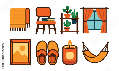 Flat vector icons of cozy decor: throw blanket, book on chair, plant shelf, window curtain, wall art frame, warm slippers, scented candle, indoor hammock.