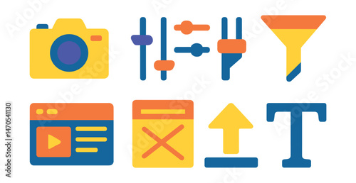 Flat vector icons of content creation: camera icon, video recorder, editing tools, filter icon, post preview, draft post, upload symbol, text overlay.