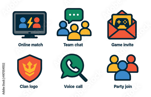 Flat vector icons of multiplayer gameplay: online match, team chat, game invite, matchmaking icon, clan logo, player avatar, voice call, party join.