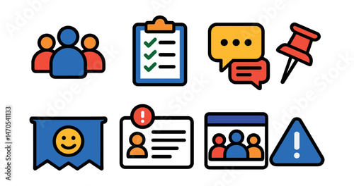 Flat vector icons of virtual community: user group, community rules, forum thread, pin post, welcome banner, intro post, meet the team, moderator alert.