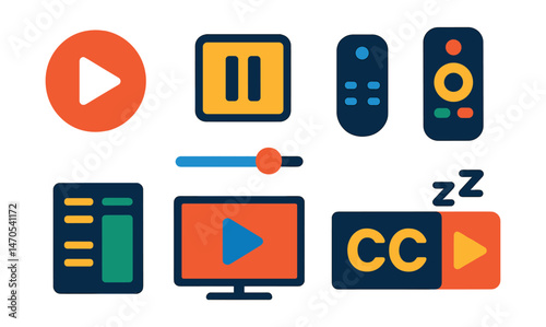 Flat vector icons of TV and streaming: play button, pause icon, streaming bar, remote control, episode list, smart TV, subtitles, binge mode.