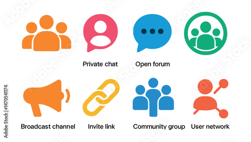 Flat vector icons of connection types: public group, private chat, open forum, closed circle, broadcast channel, invite link, community group, user network.