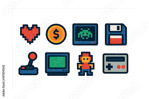 Flat vector icons of retro games: pixel heart, arcade coin, 8-bit screen, floppy disk, joystick, CRT monitor, pixel character, retro console.