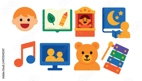 Flat vector icons of children’s entertainment: cartoon face, coloring book, puppet show, bedtime story, kids music, family movie, plush mascot, toy instrument.
