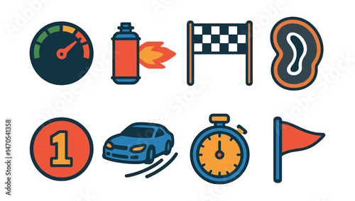 Flat vector icons of racing games: speedometer, nitro boost, finish line, race track, position icon, drifting car, time trial, checkpoint.