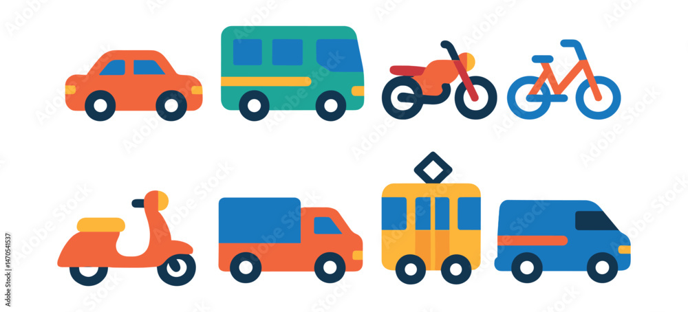 Flat vector icons of land vehicles: car, bus, motorcycle, bicycle, scooter, truck, tram, van. Flat vector icons of land vehicles: car, bus, motorcycle, bicycle, scooter, truck, tram, van.