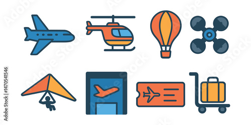 Flat vector icons of air transport: airplane, helicopter, hot air balloon, drone, hang glider, airport gate, boarding pass, luggage cart.