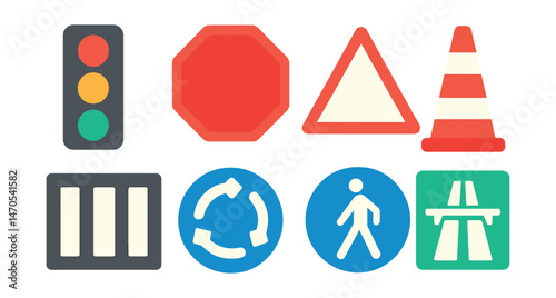 Flat vector icons of road traffic: traffic light, stop sign, yield sign, road cone, crosswalk, roundabout, pedestrian sign, highway sign.