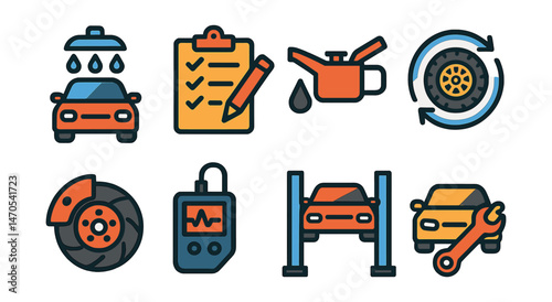 Flat vector icons of vehicle maintenance: car wash, service checklist, oil change, tire rotation, brake service, diagnostics tool, garage lift, car repair.