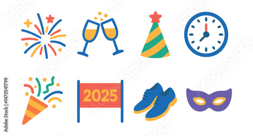Flat vector icons of New Year’s Eve: fireworks, champagne glasses, party hat, countdown clock, confetti popper, 2025 banner, dancing shoes, celebration mask.