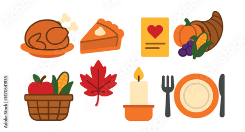 Flat vector icons of Thanksgiving: roasted turkey, pumpkin pie, cornucopia, autumn leaf, gratitude note, harvest basket, fall candle, dinner plate.