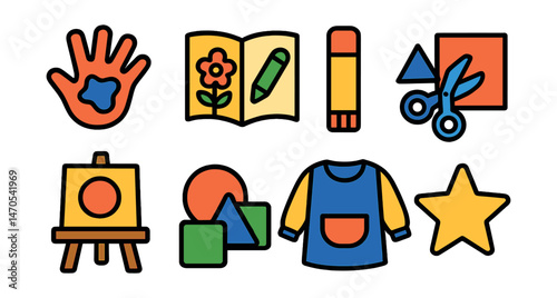 Flat vector icons of children’s creativity: finger painting, coloring book, glue stick, cut paper, kid’s easel, foam shapes, paint smock, sticker star.