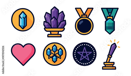 Flat vector icons of crystal-based divination: clear quartz point badge, amethyst cluster trophy, obsidian scrying mirror medal, fluorite focus stone ribbon, rose quartz heart icon, crystal grid