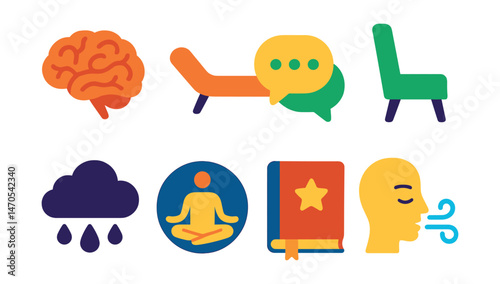 Flat vector icons of mental health: brain icon, psychology couch, support chat, therapist chair, anxiety cloud, mindfulness icon, journal, calm breath.