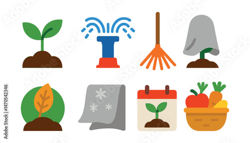 Flat vector icons of seasonal gardening: seedling in spring, sprinkler in summer, leaf rake in fall, covered plant in winter, seasonal compost, frost cloth, plant calendar, seasonal harvest.