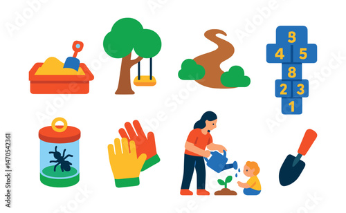Flat vector icons of outdoor kids play: sandbox, tree swing, garden path, hopscotch, bug viewer, watering with child, gardening gloves, tiny shovel.
