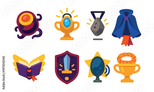 Flat vector icons of enchanted objects: cursed ring badge, glowing amulet trophy, levitating stone medal, magical cloak ribbon, flying book icon, enchanted sword badge, whispering mirror star,