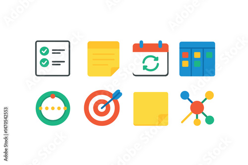 Flat vector icons of productivity apps: to-do list, note app, calendar sync, Kanban board, habit tracker, goal setting, digital sticky notes, mind map.
