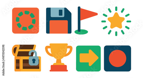 Flat vector icons of game progress: loading screen, save icon, checkpoint flag, level complete, unlocked chest, trophy win, continue arrow, end screen.