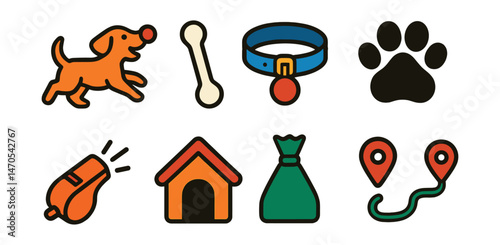 Flat vector icons of dog activities: fetch ball, bone, collar, paw print, training whistle, kennel, poop bag, walk route.