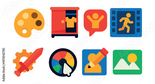 Flat vector icons of in-game customization: skin palette, character wardrobe, emotes icon, animation pack, gear set, color selector, avatar edit, theme icon.