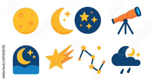 Flat vector icons of moon and stars: full moon, crescent, starry sky, telescope, moonlight, shooting star, constellation icon, night weather.