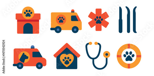 Flat vector icons of rescue and vet support: vet clinic, rescue van, emergency icon, surgery tools, animal ambulance, care shelter, stethoscope, animal lifeline.