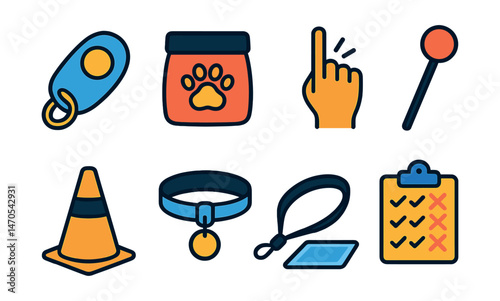 Flat vector icons of pet training: clicker, treat pouch, command gesture, target stick, agility cone, leash training, training pad, behavior chart.