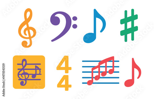 Flat vector icons of music notation: treble clef, bass clef, quarter note, sharp symbol, sheet music, time signature, music scale, rest icon.
