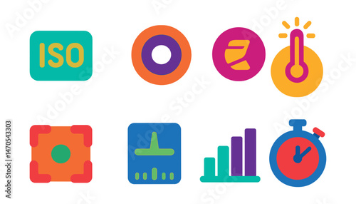 Flat vector icons of camera settings: ISO, aperture, shutter speed, white balance, focus mode, exposure meter, histogram, timer.