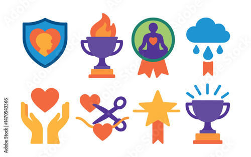 Flat vector icons of emotional healing: inner child heart badge, trauma release flame trophy, forgiveness meditation medal, crying rain cloud ribbon, heart opening ritual icon, energetic cord cut