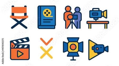 Flat vector icons of filming scenes: director chair, film script, video shoot, camera slider, action signal, actor mark, set light, camera angle.