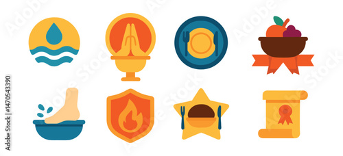 Flat vector icons of sacred rituals: baptism water badge, prayer hands at dawn trophy, fasting schedule medal, offering bowl with fruit ribbon, foot washing basin icon, fire ritual flame badge,