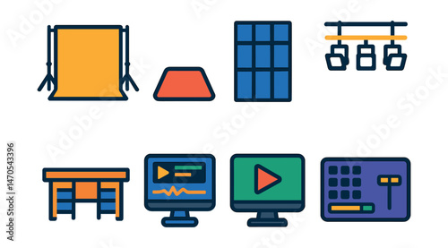 Flat vector icons of studio setup: backdrop stand, floor mat, soundproof wall, lighting grid, studio desk, editing monitor, preview screen, scene switcher.