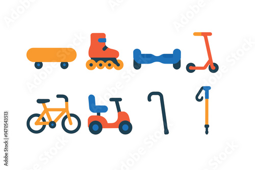 Flat vector icons of personal mobility: skateboard, rollerblades, hoverboard, kick scooter, foldable bike, mobility scooter, walking cane, trekking pole.
