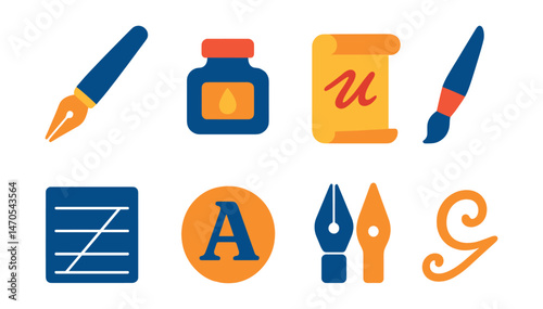Flat vector icons of calligraphy tools: calligraphy pen, ink bottle, paper scroll, brush script, guideline sheet, letterform icon, pen nibs, flourish detail.