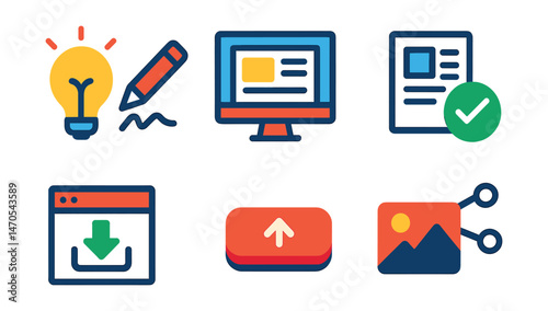 Flat vector icons of creative workflow: idea sketch, draft layout, edit process, review check, final export, print icon, publish button, share artwork.