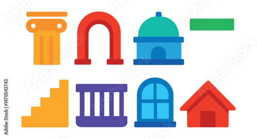 Flat vector icons of architectural elements: column, archway, dome, beam, staircase, balcony, window frame, roofline.