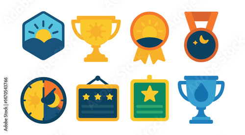 Flat vector icons of daily prayers (Salah): Fajr dawn icon badge, Dhuhr midday light trophy, Asr afternoon glow medal, Maghrib sunset sky ribbon, Isha night stars icon, prayer clock chart badge,